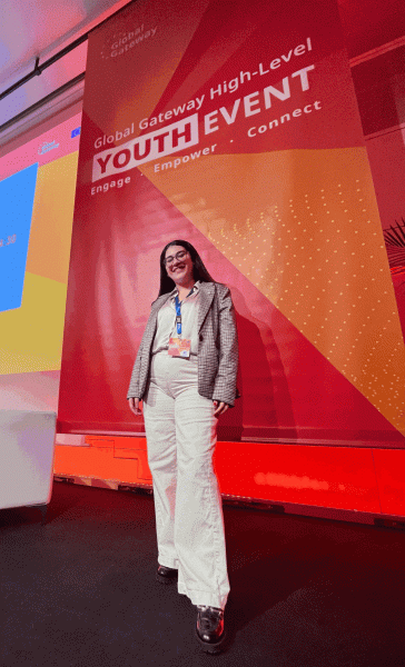 The image shows Emna Memmi, Liaison Officer for Africa and Middle East, who represented Erasmus Student Network (ESN) in the Global Gateway High-Level Youth Event