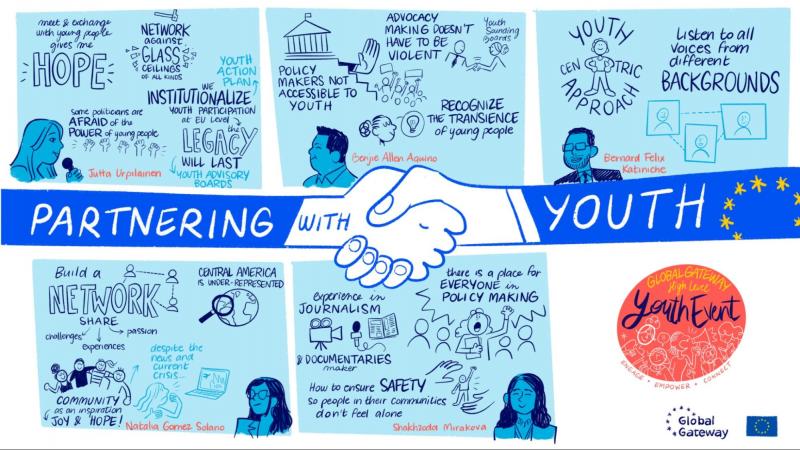 A cartoon showcasing two shaking hands on which is written "partnering with youth".