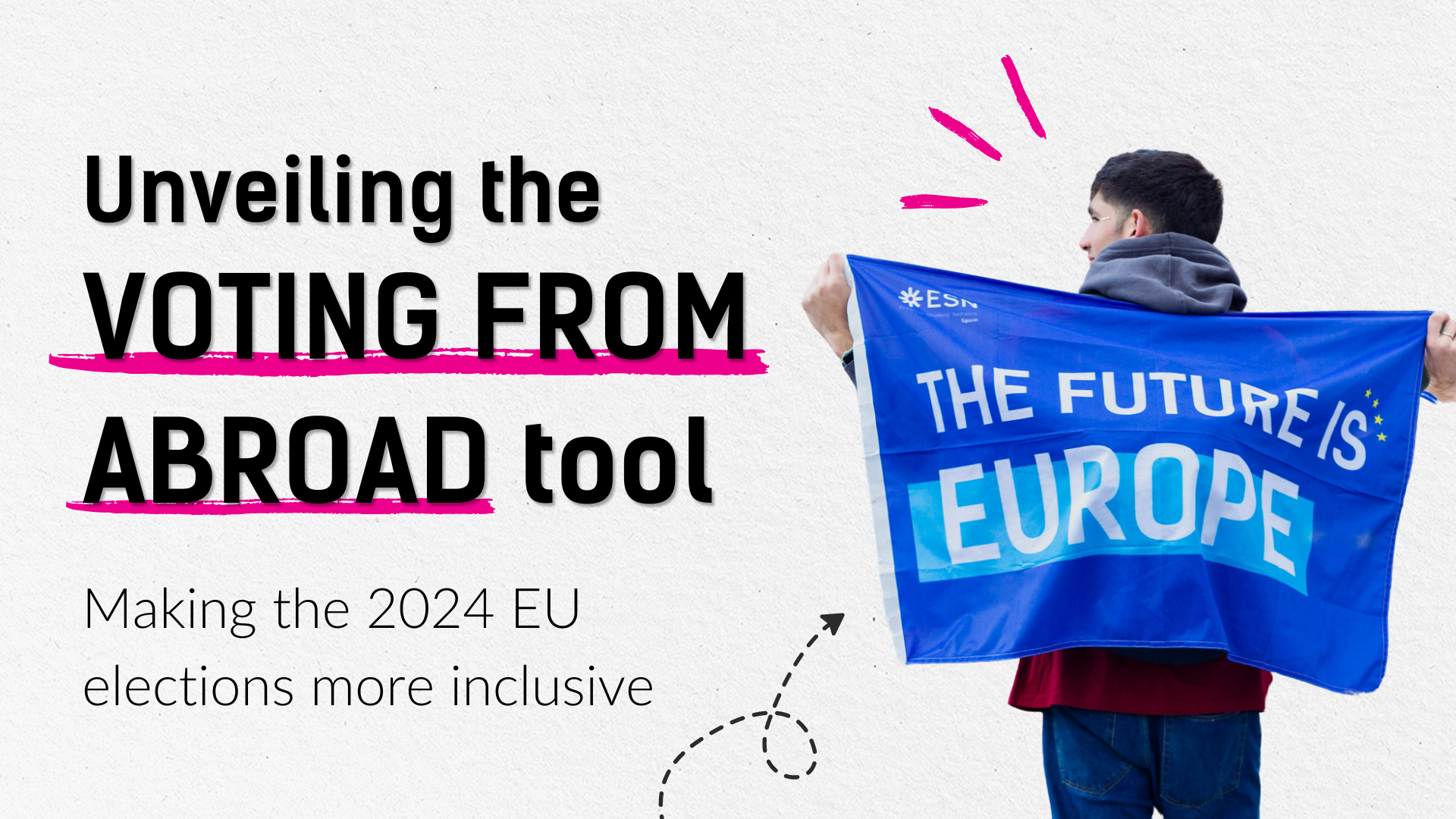 Text on visual saying: "Unveiling ''voting from abroad'' tool.  Making the 2024 EU elections more inclusive." A young man holding an ESN flag on his back saying ''The future is Europe''.