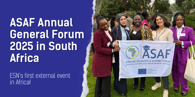 At the left is the title saying: ASAF Annual General Forum 2025 in South Africa, and the subtitle saying: ESN's first external event in Africa. At the right there is a picture of 4 women holding the ASAF flag.