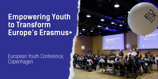 The visual has on the left side the title of the article: "Empowering Youth to Transform Europe’s Erasmus+. European Youth Conference, Copenhagen". At the right there is a picture of the conference, people sitting in chairs attending the speakers 