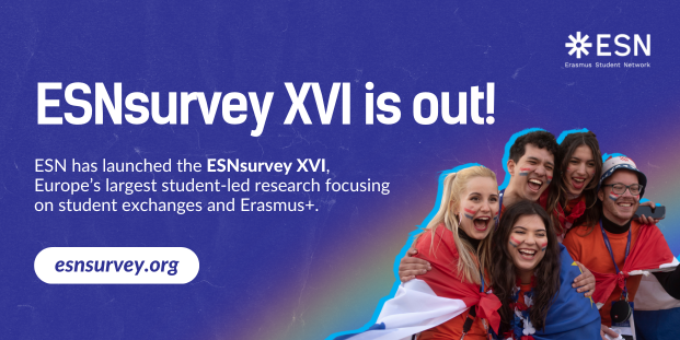A dark blue graphic with a photo of five people smiling and text: "ESNsurvey XVI is out! ESN has launched the ESNsurvey XVI, Europe’s largest student-led research focusing on student exchanges and Erasmus+. esnsurvey.org".