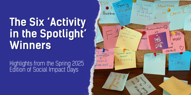 On the left side, the title mentions "The Six Activity in the Sportlight Winners", followed by the subtitle "Highlights from the Spring 2025 Edition of Social Impact Days". The right side has a photo with colorful post-its from one of the activities presenting the outcome of the participants’ reflection on what keeps them well in life.