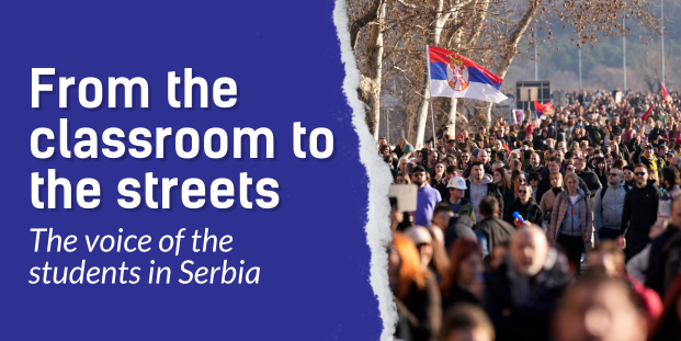 A photo of a mass protest and text: "From the classroom to the streets: The voice of the students in Serbia".