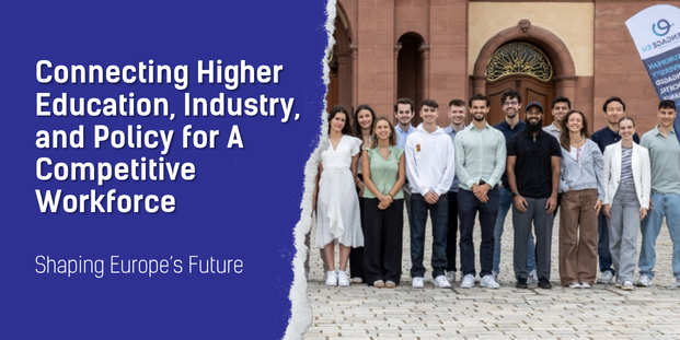 The visual has on the left side the title of the article: Shaping Europe’s Future: Connecting Higher Education, Industry, and Policy for A Competitive Workforce - ENGAGE.EU High Level Dialogue. On the right there is a group picture of people standing up and smiling