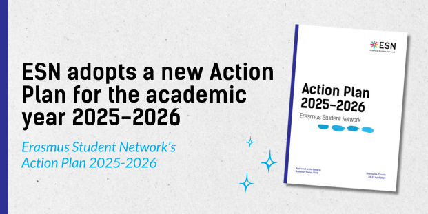 A picture of a document cover and text: "ESN adopts a new Action Plan for the academic year 2025-2026. Erasmus Student Network’s Action Plan 2025-2026".