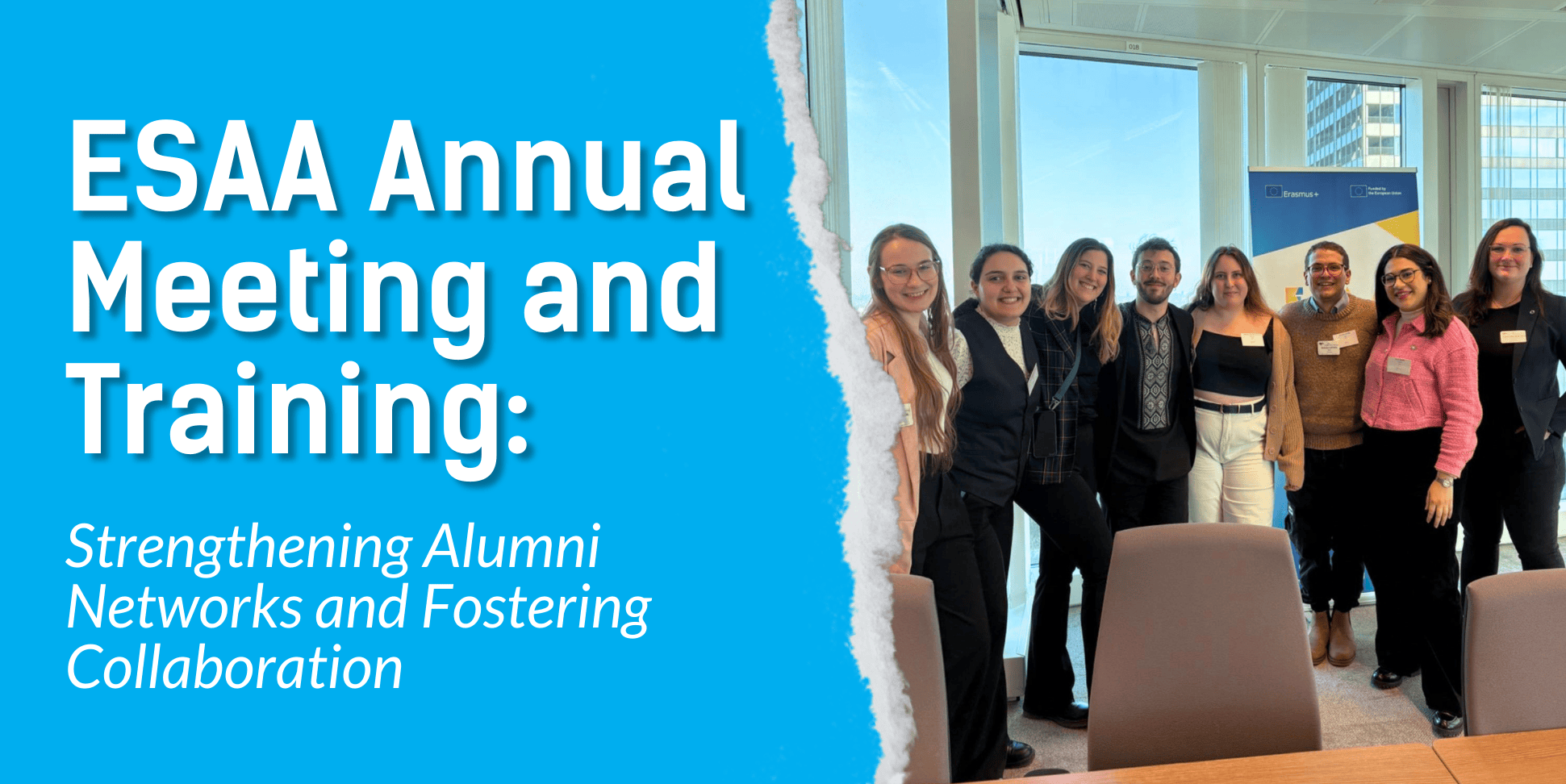 Cyan background on the left side, and the text "ESAA Annual Meeting and Training: Strengthening Alumni Networks and Fostering Collaboration". On the right side is an image of 8 young people in a small conference room.