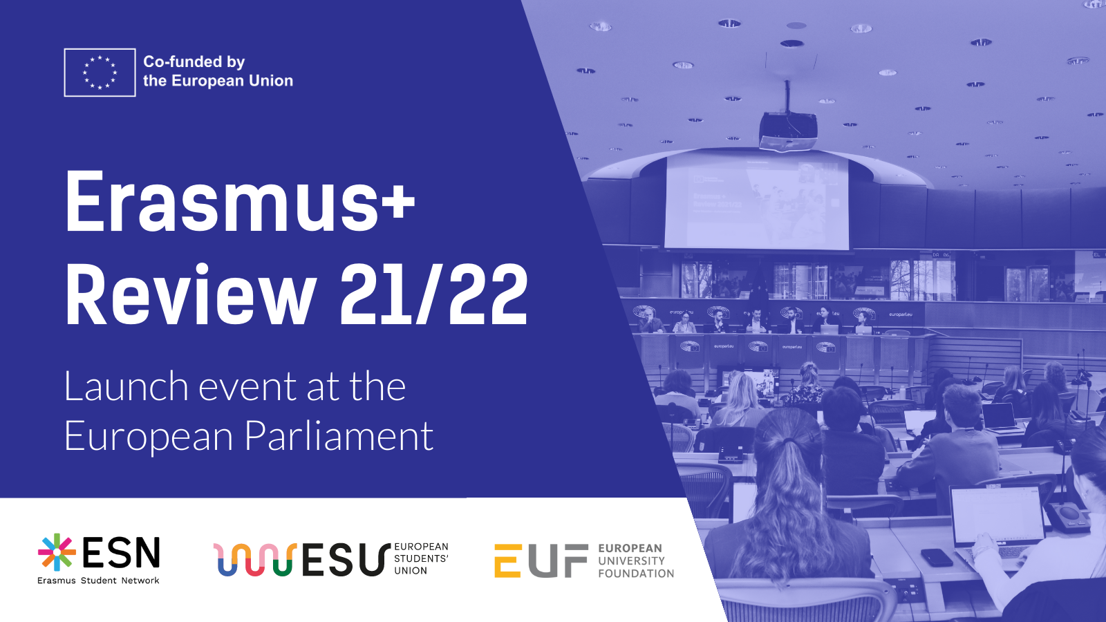 A dark blue visual and a photo from a presentation with blue overlay. The text says: "Erasmus+ Review 21/22. Launch event at the European Parliament".