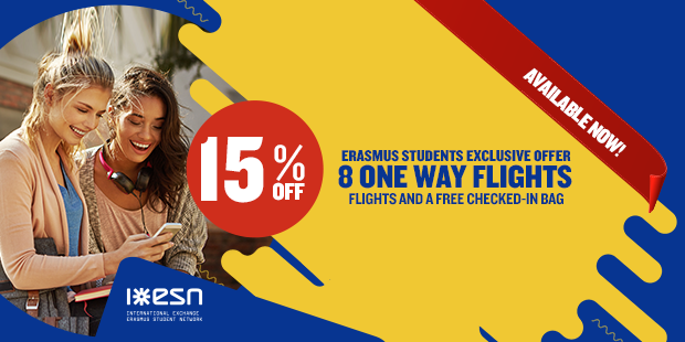 15% off Erasmus students exclusive offers, 8 one way flights, flights and a free checked-in bag