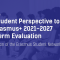 A dark blue background and text: "The Student Perspective to the Erasmus+ 2021-2027 Mid-term Evaluation. Contribution of the Erasmus Student Network"