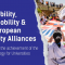 A picture of people with flags and dark blue ripped paper with text: "More Mobility, Better Mobility and More European University Alliances".