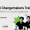 A visual containing the title "National Changemakers Training; Challenging Barriers to Youth Engagement", followed by a pin location and the location "Cluj-Napoca, Romania" on the left side. On the right side of the visual, there is a group of three volunteers attending the training.