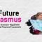 A visual titled “The Future Is Erasmus", followed by the subtitle "Reaction to the Erasmus+ Regulation and Multiannual Financial Framework 2028–2034.” On the right, two smiling young people hold protest-style signs reading “Be the voice of change” and “Better mobility” .The design uses bright colors and playful arrows to convey optimism and engagement.
