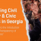 Orange piece of paper on a photo of people with one hand raised. "Protecting Civil Society and Civic Spaces in Georgia. ESN’s reaction to the introduction of the “Law of Transparency of Foreign Influence".