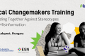 Image with beige background, on the left side is the title of the article and more information about the location of the event, below there are 2 logos: Co-funded by EU and ESN logo. Right side: in the upper corner is the logo of the Speak Out project and below a cut-out black and white photo of 2 young women, around it there are some green and yellow elements and pieces of newspaper.