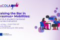 AsCOLA Final Conference banner: 'Raising the Bar in Erasmus+ Mobilities: AsCOLA Student-Centered Courses Evaluation.' Takes place May 6th, 10:00-17:00 CET at Mundo Matongé, Brussels. Features a purple-pink gradient background, an illustration of two diverse individuals discussing with speech bubbles, and logos for AsCOLA (in the top left corner) and EU co-funding (in the bottom left corner).