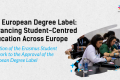 A picture of people writing in a classroom. The text says: "The European Degree Label: Advancing Student-Centred Education Across Europe. Reaction of the Erasmus Student Network to the Approval of the European Degree Label".
