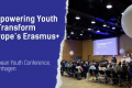 The visual has on the left side the title of the article: "Empowering Youth to Transform Europe’s Erasmus+. European Youth Conference, Copenhagen". At the right there is a picture of the conference, people sitting in chairs attending the speakers 