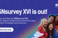 A dark blue graphic with a photo of five people smiling and text: "ESNsurvey XVI is out! ESN has launched the ESNsurvey XVI, Europe’s largest student-led research focusing on student exchanges and Erasmus+. esnsurvey.org".