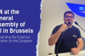 Nathan Lusseau a representative from ESN on the General Assembly of the European Youth Forum in Brussels. The event title and subtitle are displayed on the left: 'ESN at the General Assembly of YFJ in Brussels – Representing the Erasmus Generation on the European stage'.