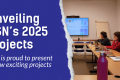 Dark blue background on the left side, and the text "Unveiling ESN’s 2025 Projects, ESN is proud to present 4 new exciting projects". On the right side is an image of 3 young people in a small conference room, looking at a big screen