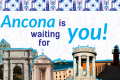 Places and monuments in Ancona cut out in a collage style surrounded with cyan and dark blue pattern and elements. The text says: "Ancona is waiting for you!"