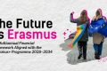 Two people walking hand in hand, one draped in a rainbow flag and the other in an EU flag, symbolizing inclusion and European unity. Text reads 'The Future is Erasmus – A Multiannual Financial Framework Aligned with the Erasmus+ Programme 2028–2034.
