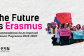 A picture of a group of young people with flags and signs with text: "The Future Is Erasmus; Recommendations for an Improved Erasmus+ Programme 2028-2034".