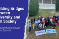 The visual has on the left side the title which says Building Bridges between University and Civil Society, The Fourth Mediterranean Student Summit. On the right there is an image of a group of young people and the ESN flag and MSS flag on the ground 