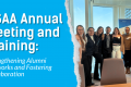 Cyan background on the left side, and the text "ESAA Annual Meeting and Training: Strengthening Alumni Networks and Fostering Collaboration". On the right side is an image of 8 young people in a small conference room.