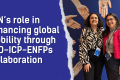 Dark blue background on the left side, and the text "ESN’s role in enhancing global mobility through NEO-ICP-ENFPs collaboration". On the right side is a photo of 2 young women.