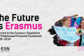 A visual titled “The Future Is Erasmus", followed by the subtitle "Reaction to the Erasmus+ Regulation and Multiannual Financial Framework 2028–2034.” On the right, two smiling young people hold protest-style signs reading “Be the voice of change” and “Better mobility” .The design uses bright colors and playful arrows to convey optimism and engagement.