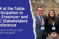 Dark blue background with the title "ESN at the Table: Participation in the Erasmus+ and ESC Stakeholders Conference" and the subtitle "Preparation of the post-2027 programming period" on the left side of the image, followed by a photo with three participants at the conference, among whom Rita Dias, President of ESN International.