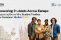 Banner with the text “Empowering Students Across Europe: the opportunities of the Student Toolbox on the European Student Card,” alongside logos of ESN and ESC Extension. A diverse group of five smiling students stand together in front of a light background with faint European city landmarks, holding notebooks and backpacks.
