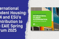 The image features the article's title "International Student Housing: ESN and ESU's Contribution to the EAIE Spring Forum 2025" on a dark blue background. This background and occupies only one half of the image. In the other half, there is a visual of the "EAIE Spring Forum 2025" magazine.