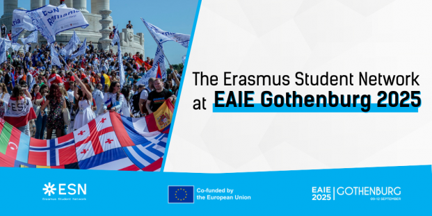 The visual contains a group of ESN volunteers cheering and holding various countries' flags on the left side. On the right side, there is a blank background with the article's title, "The Erasmus Student Network at EAIE Gothenburg 2025".