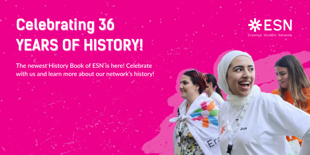 A visual titled "Celebrating 36 years of history", followed by a text announcing that the ESN history book is out. The visual continues with a photo of ESN volunteers holding ESN flags.